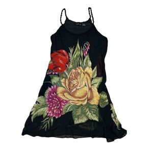 Vintage Lola P. Black Floral Midi Dress Boho Festival Y2K Braided‎ Strap Large